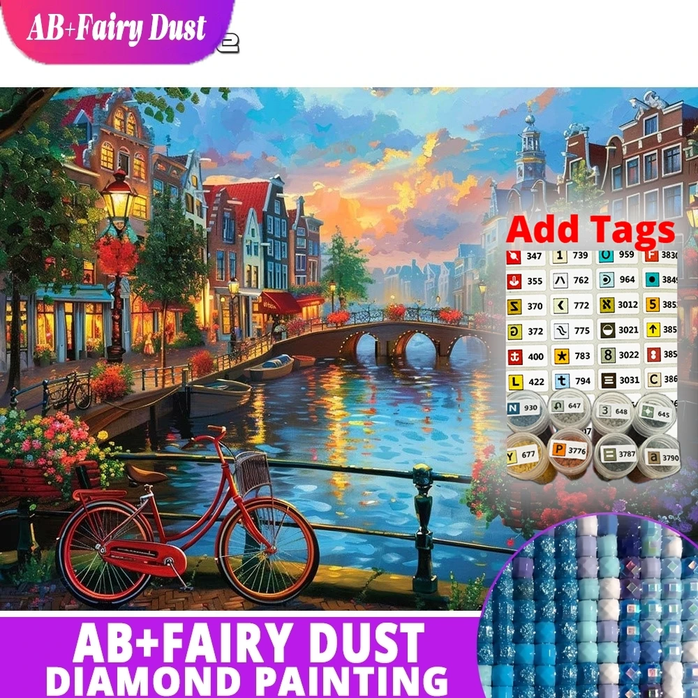 AB Fairy Dust Vintage Diamond Mosaic Canal Bridge Night Full Square Round Painting Picture Embroidery Wall Art Home Decor Gift