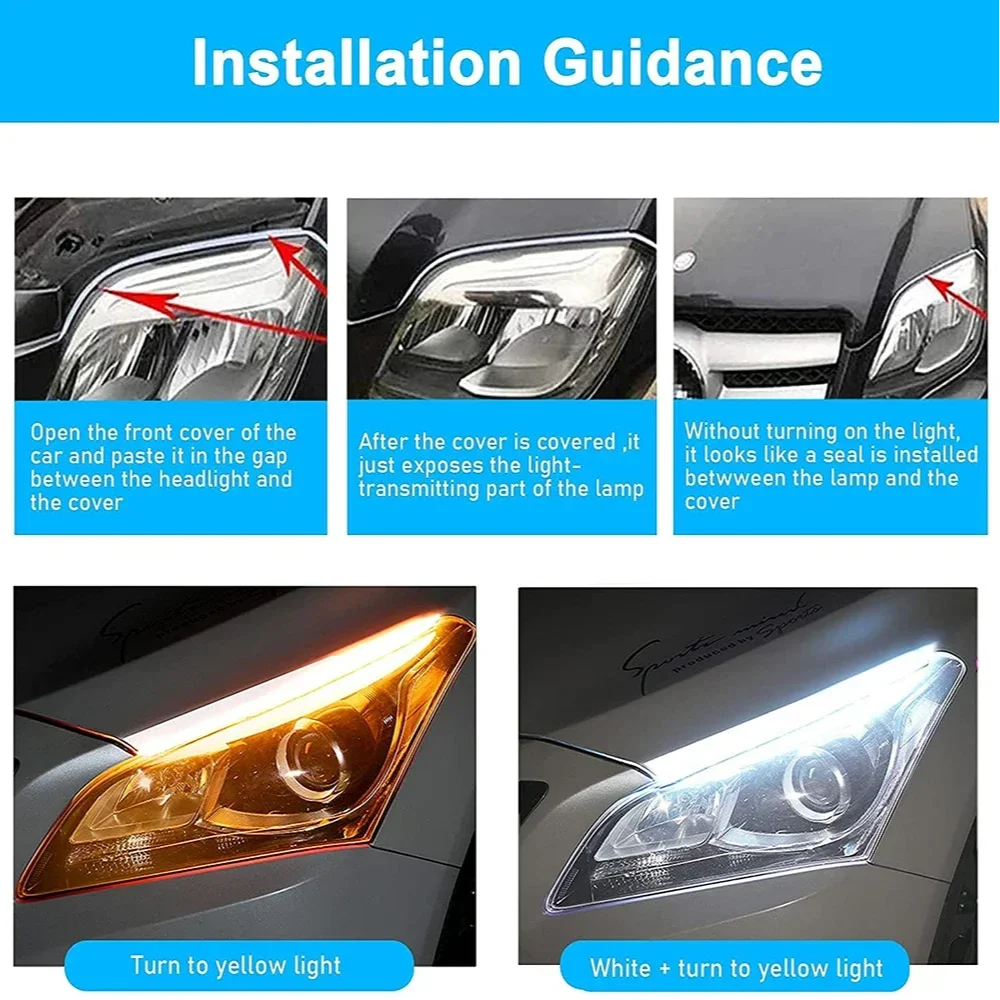 Lampu depan mobil, Daytime Running Light 12V LED DRL Strip fleksibel tahan air gaya mobil lampu aliran rem sein putih