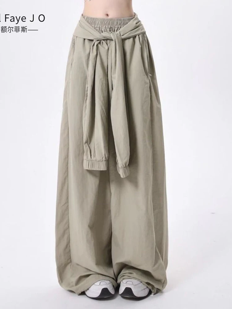 Spring Autumn Casual Fashion Blue Cargo Pants Female Streetwear Loose All-match Pocket Drawstring Bloomers Women's Clothing ﻿