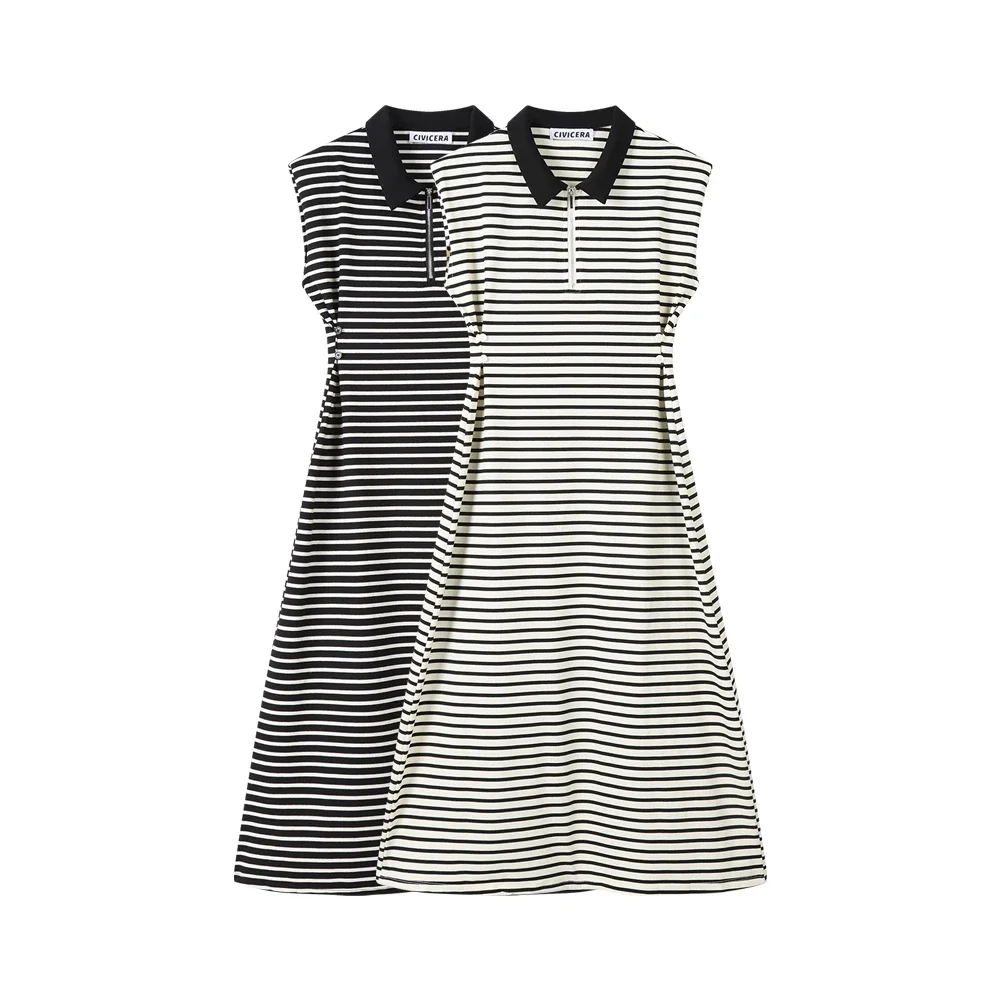 Women New Polo Neck Tennis Sleeveless Dress Casual Striped Vest Long Dress Women Clothes