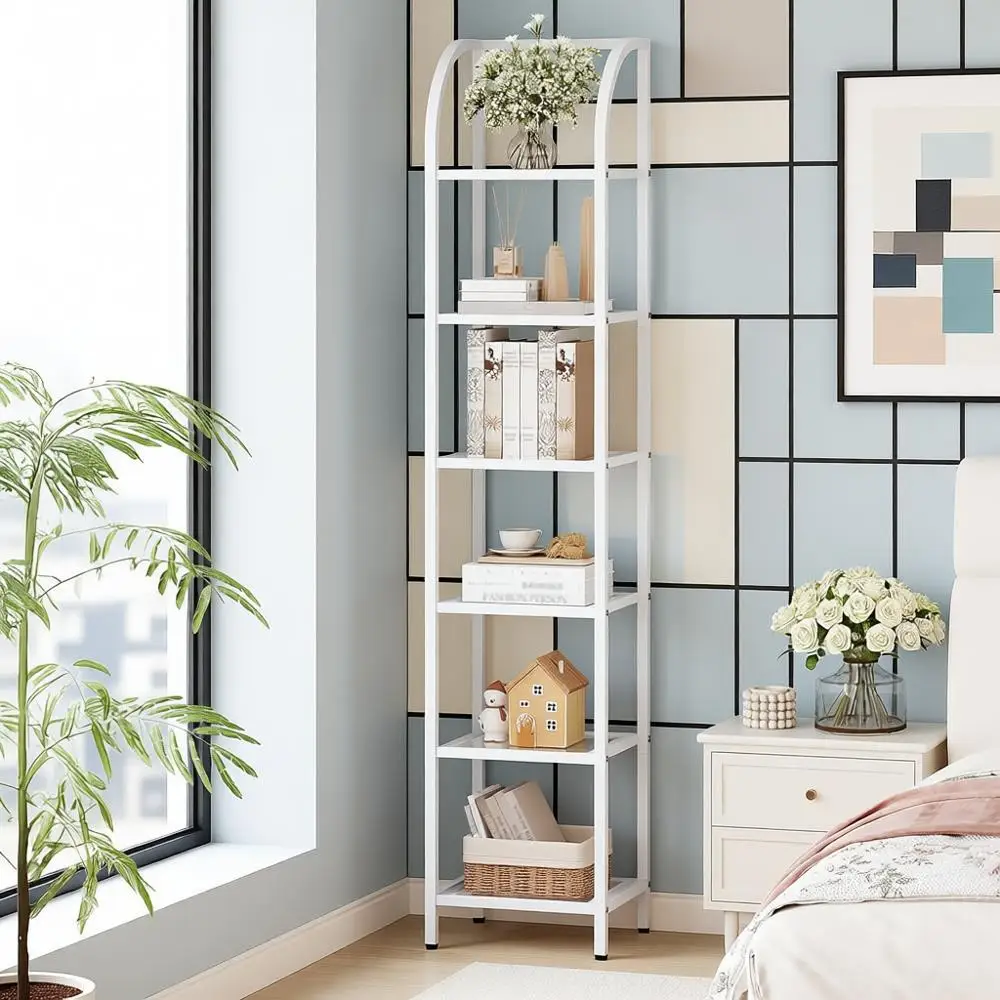 

6-Tier Tempered Glass Arched Bookshelf - Slim Storage Unit for Bedroom, Bathroom, Home Office