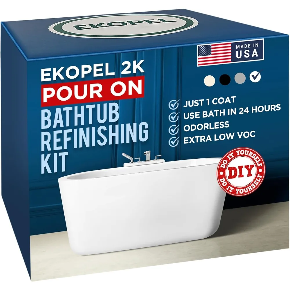 Ekopel 2K Kit de baignoire Pour sur peinture de baignoire Kit brillant blanc, 1 manteau évier sans odeur et peinture de baignoire