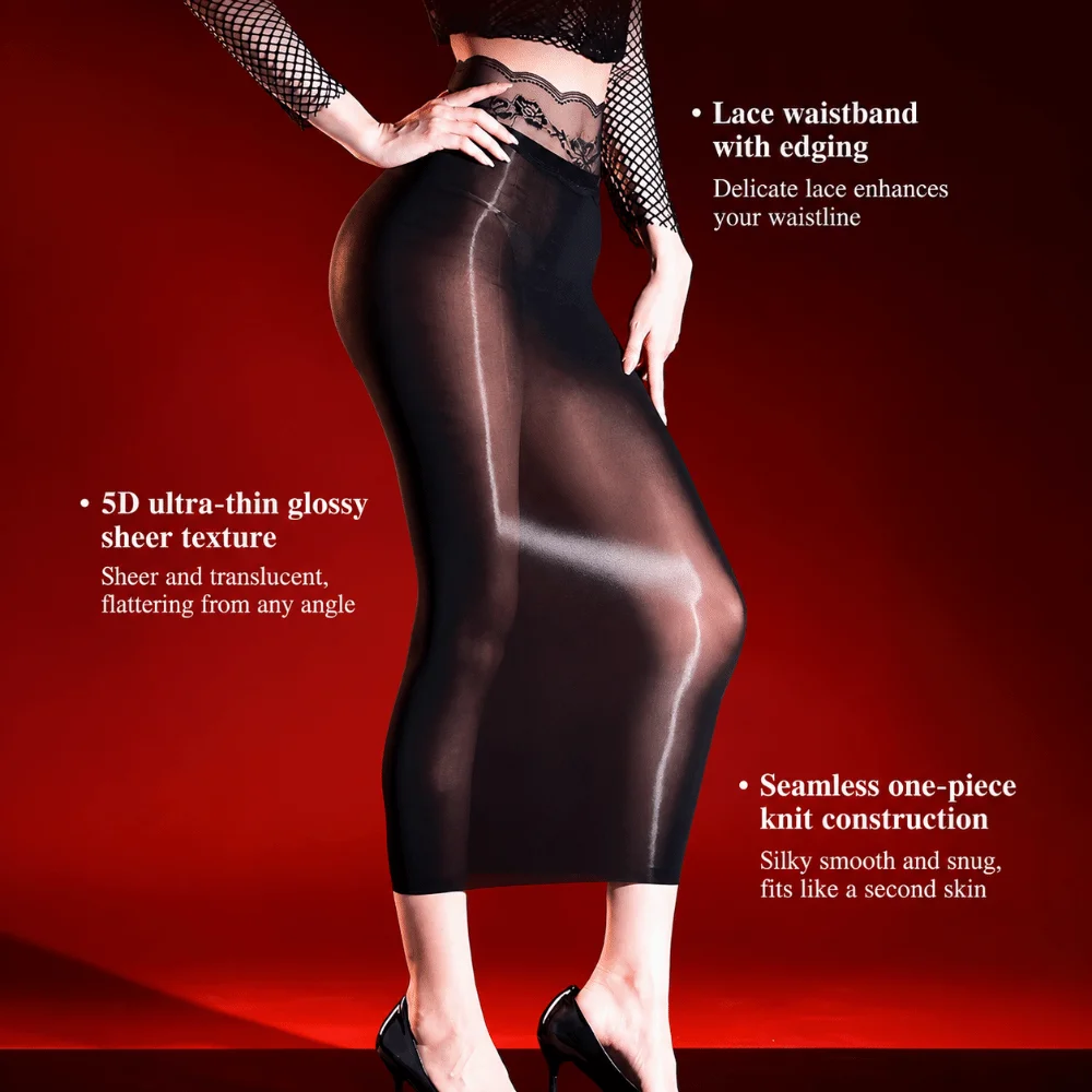 5D Ultrathin Hip Pencil Skirts Elastic Lift Butt Oil Glossy Shiny Bodycon Dresses Sheer High Lace Waist Package Hip Dresses