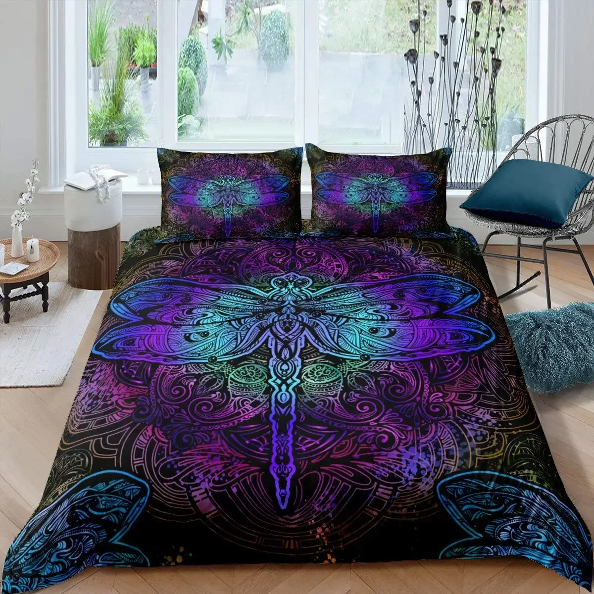 Bohemian Dragonfly King Queen Duvet Cover Mandala Paisley Bedding Set Tie Dye Trippy Gypsy Quilt Cover Polyester Comforter Cover