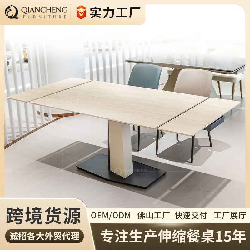 functional retractable dining table, modern light luxury 10-person rectangular rock slab dining table
