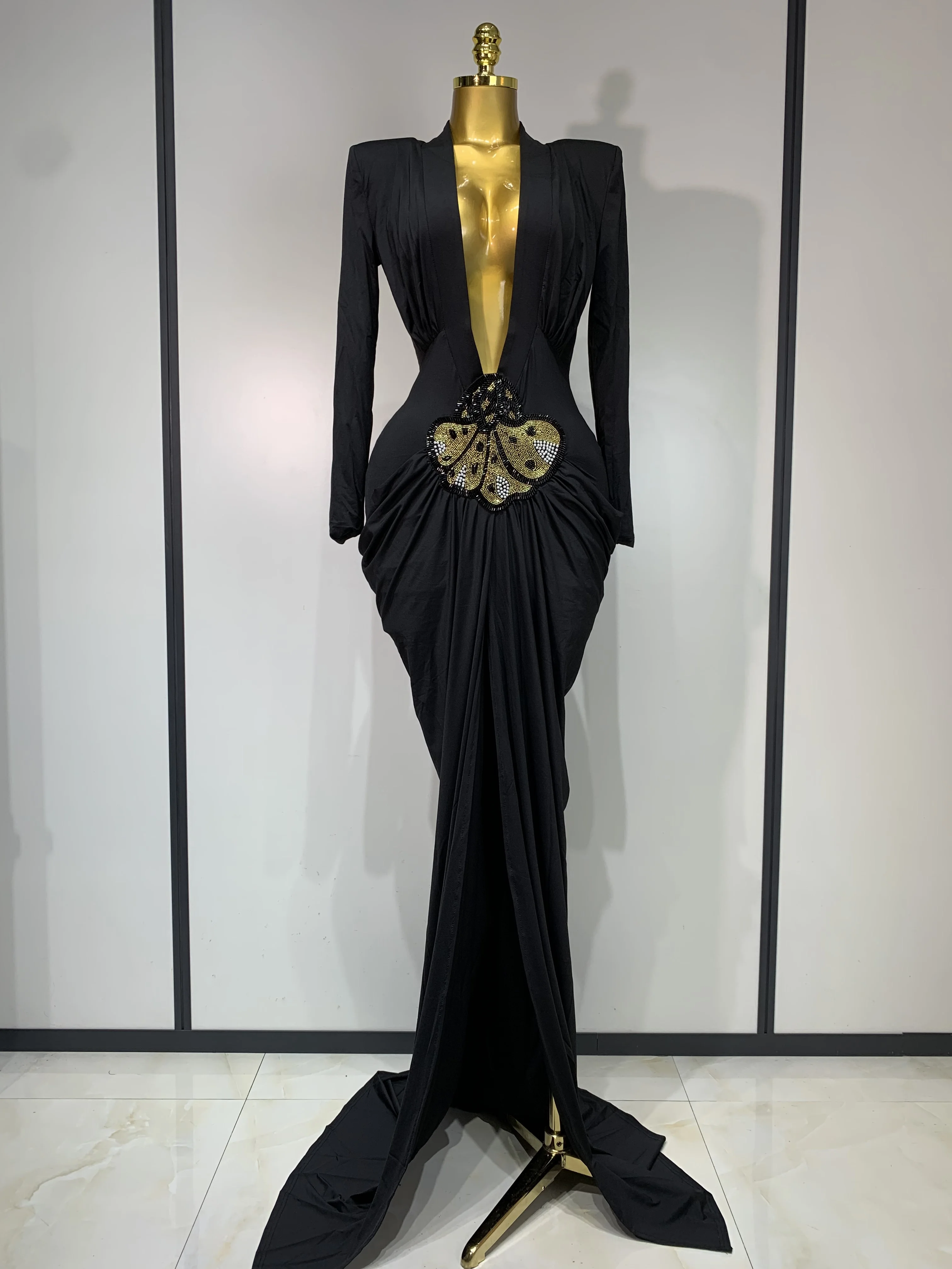 Femmes Sexy col en v profond perle à manches longues moulante robes de bal élégant célébrité soirée Maxi robe de luxe robe d'anniversaire de mariage