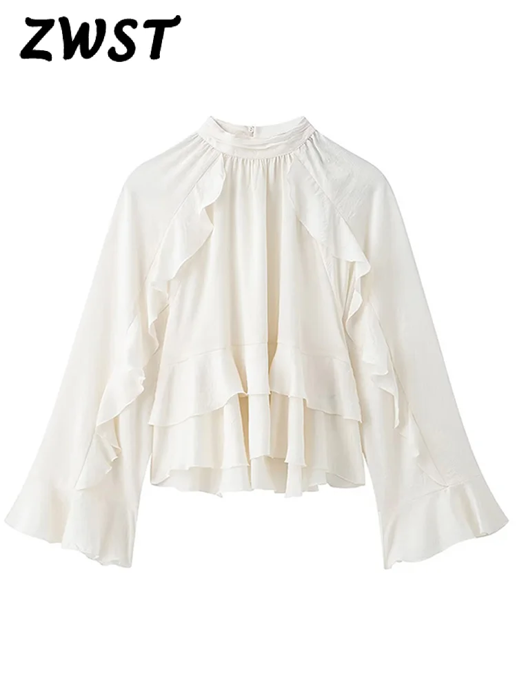 흰색 느슨한 Flounce 블라우스 여성 패션 긴 소매 오-넥 거즈 셔츠 여성 2025 봄 여름 레이디 스트리트 모든 경기상의