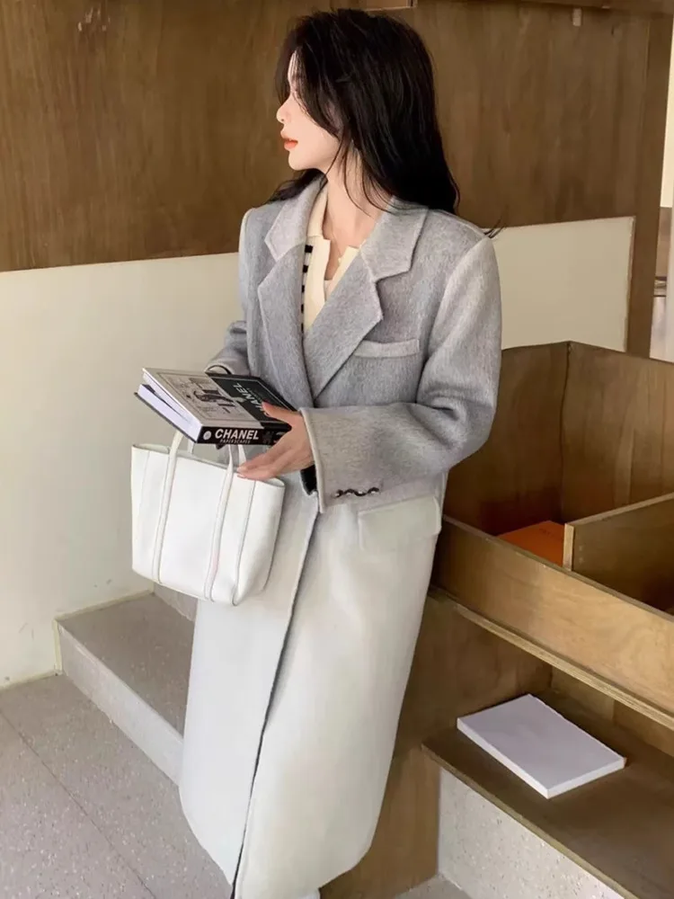 [EWQ] Long Sleeve Overcoat Elegant Women Clothing Long Sleeve Wool Coat Gradient Double-faced Cashmere Top 2024 Autumn Outerwear