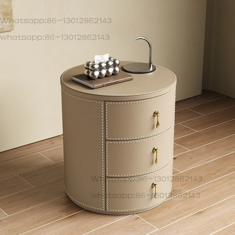 Italian minimalist saddle leather round bedside table solid wood modern simple bedroom premium bedside table