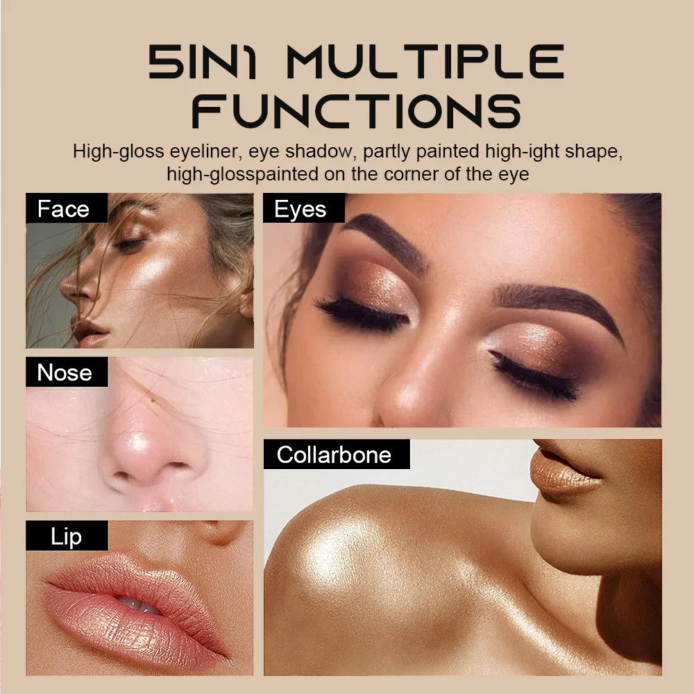 Wielofunkcyjny sztyft do cieni do powiek 5 w 1, wodoodporny, długotrwały, nie rozmazuje się, jedwabisty rozświetlacz, perłowy brokatowy pisak z połyskiem.
