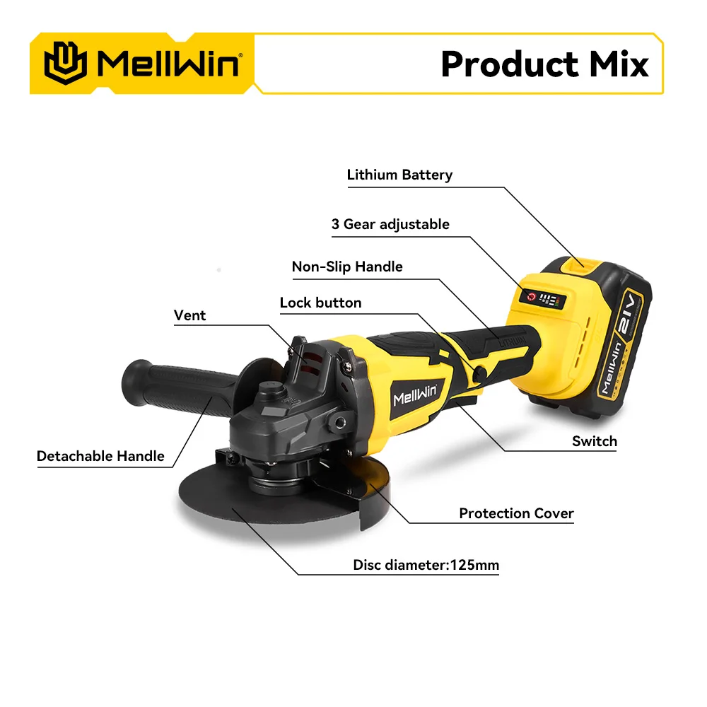 MELLWIN 125 mm bürstenloser elektrischer Winkelschleifer, kabellos, 3 Gänge, Holzbearbeitungspolierer, Schneidemaschine für Makita 18 V Batterie-Pin – Detail 6