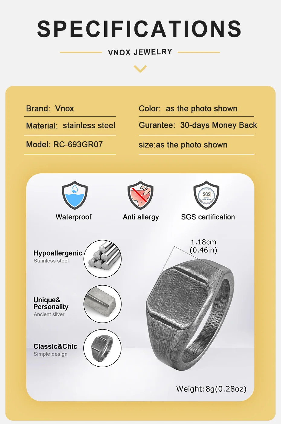 Vnox Herren Gebürsteter Quadratischer Siegelring, Silber Gold Schwarz Farbiger Edelstahl Fingerring, Minimalistischer Wasserfester Schmuck Geschenk Neu – Detail 5