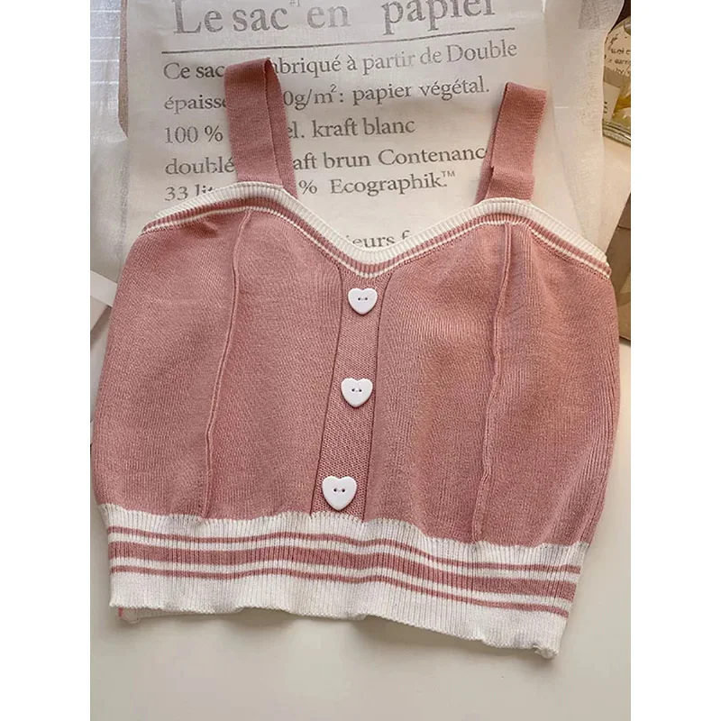 เสื้อสายเดี่ยวถักสำหรับผู้หญิงเสื้อครอปถักมีกระดุมลายน่ารักสำหรับฤดูร้อน