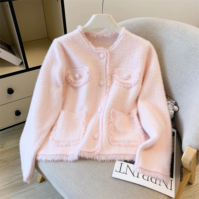 Cárdigan de punto elegante para mujer, suéter con bordes crudos y borlas de pequeña fragancia para otoño e invierno, prendas de vestir femeninas dulces con botones de manga larga elegantes