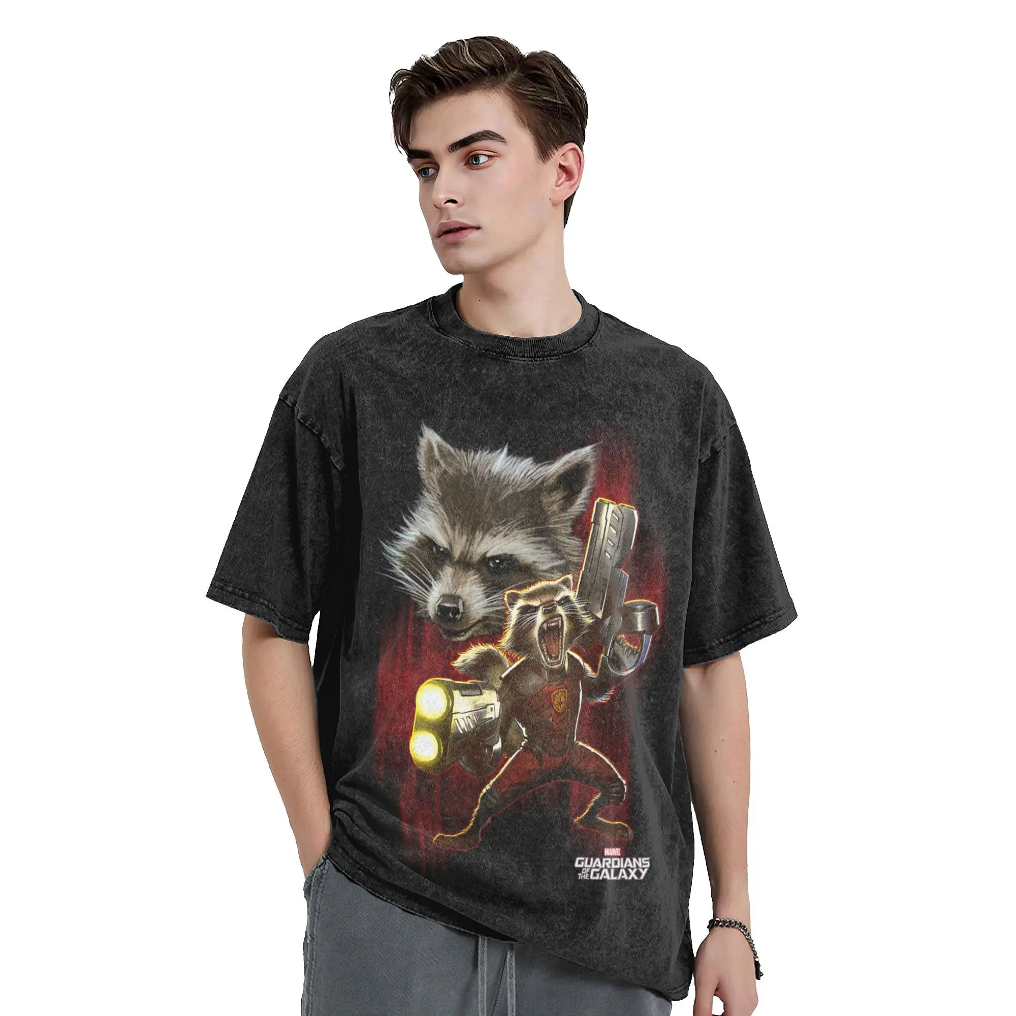 Rocket Racoon Guardians Of The Galaxy T Shirts Hip Hop Washed Short Sleeve Oversize T-Shirt  Vintage Men Women Streetwear  Tees