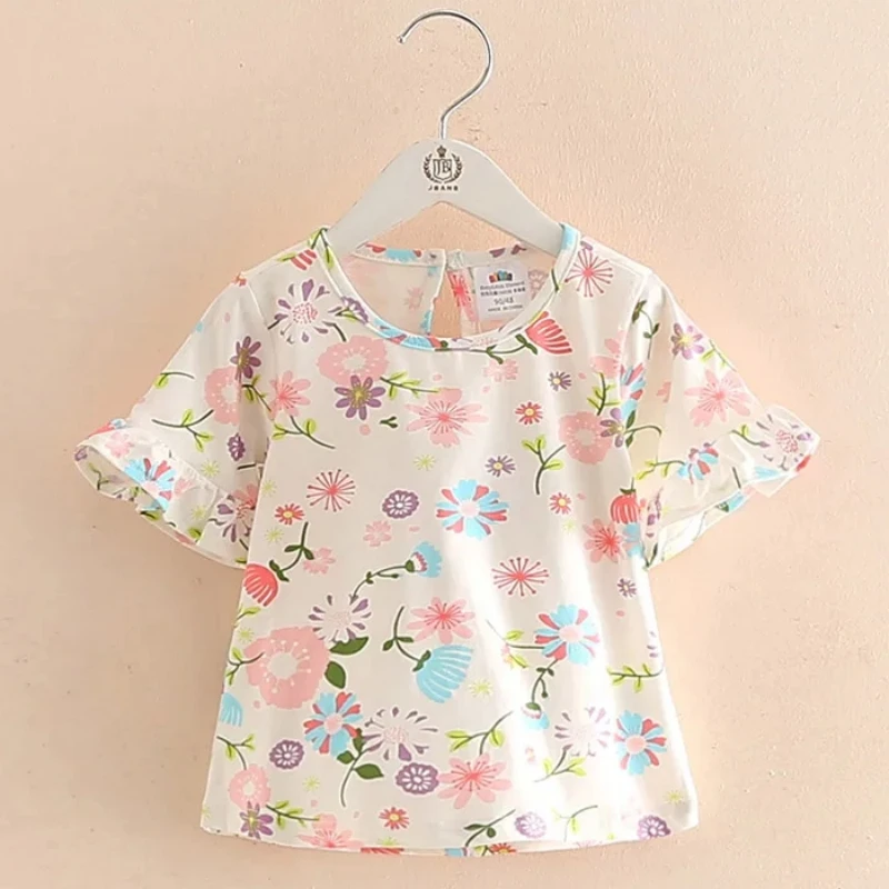 2025 Summer Short Sleeve 2 3 4 6 8 10 Years Children Clothing Colurful Flower Print Baby Kids Girl Trumpet Flare Sleeve T-Shirt