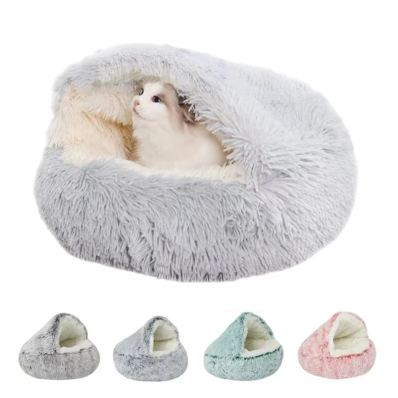 Winter Long Plush Pet Cat Bed Round Cat Cushion House  Warm Cat Basket Cat Sleep Bag Cat Nest Kennel 2 In 1 For Small Dog Cat