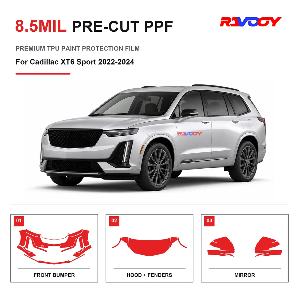 Precut PPF For Cadillac XT6 Sport 2022-2024 8.5mil TPU Clear Paint Protection Film Self Healing Hydrophobic UV Stone Chip Guard