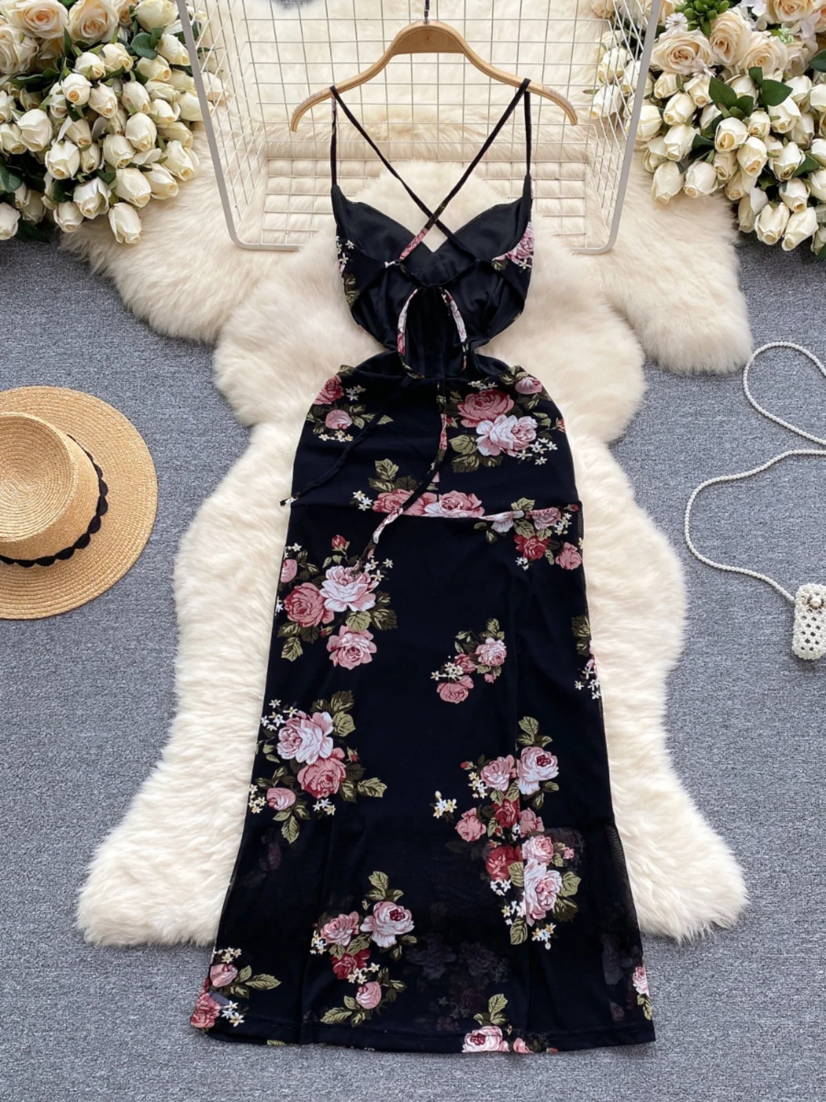 Foamlina Sommer sexy Blumen bedruckte Schlinge Kleid für Frauen elegante schwarze V-Ausschnitt ärmellose rücken freie schlanke transparente Mesh Strand kleider