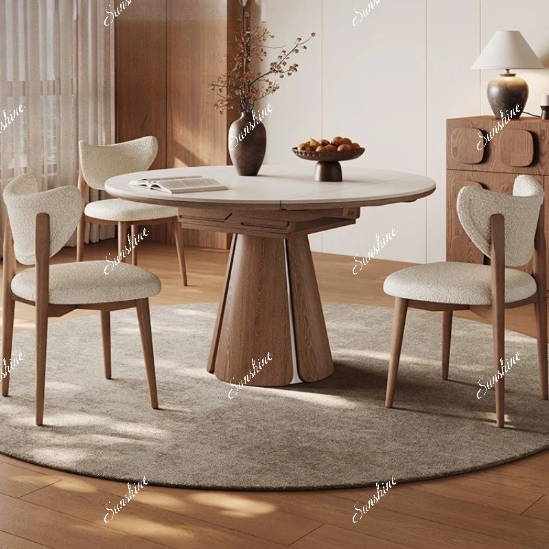 Solid wood dining table variable round table, antique retractable rock slab dining table in the living room