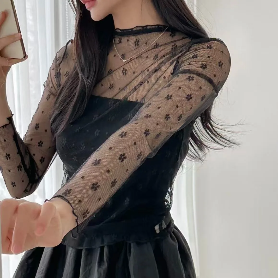 

Chic Spring Summer Floral Lace Shirt Women's See through Thin Long Sleeve round Neck Sun Protection Cover up Korean Style