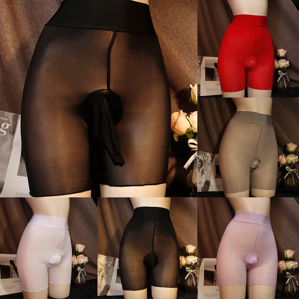 Shiny Ultra-Thin Sheer Pantyhose Men Penis Pouch Underwear Plus Size Open/Close JJ Sheath Tights Erotic Shorts Males