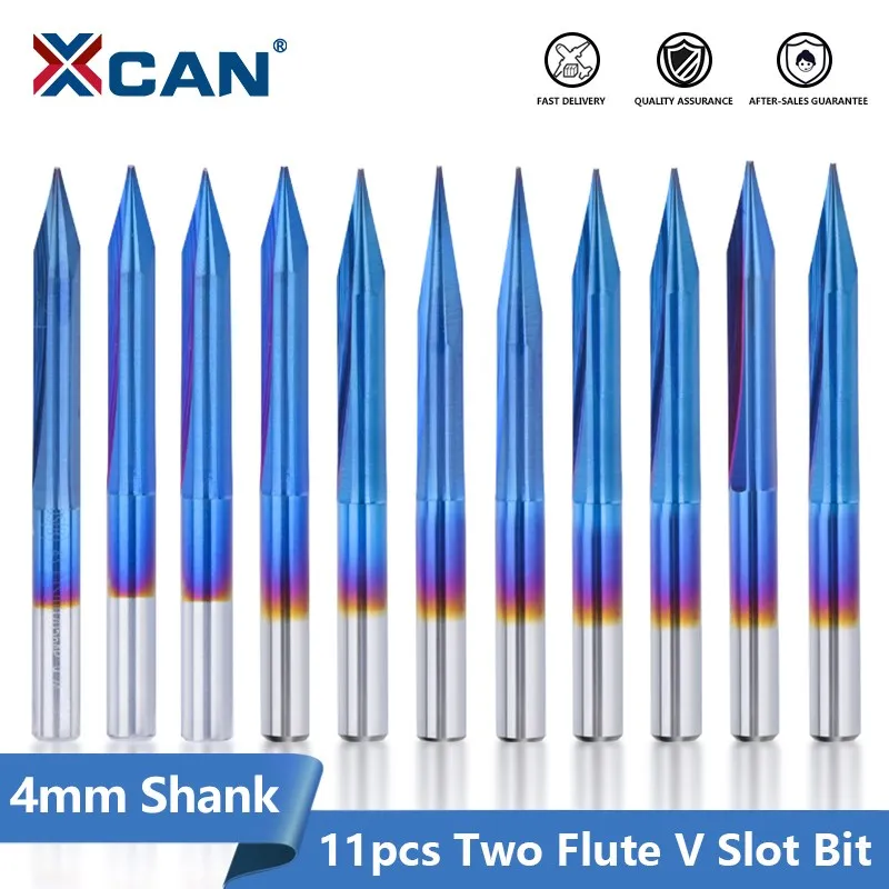 

XCAN CNC Engraving Bit 11pcs 4mm Shank 2 Flute Router Bit Carbide End Mill 3D V Bit for Wood Carving Milling Cutter