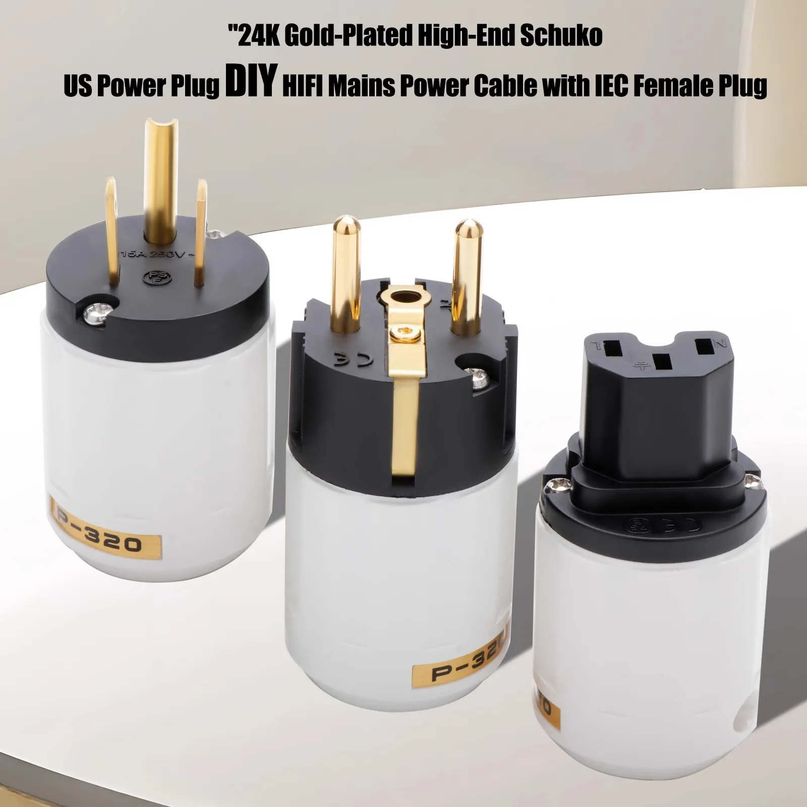 P-320E C-320 2-in-1 Kit: US NEMA + EU Schuko Gold Plated Brass AC Power Plug Set, 25A 250V IEC Female Connector DIY for 6-18mm