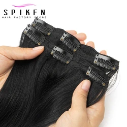 SPIKFN 1# Jet Black Clip in 100 % Human Hair Natural Extensions 12-24 inches Machine Remy Clip Hair Full Head 7pcs/set 