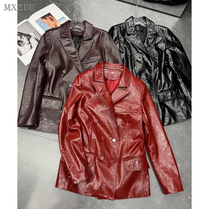 Women\'s Genuine Leather Sheepskin Coats Autumn Lapel Two Buttons Burgundy Long Loose High-Grade Waxed Goatskin Suit Jacket Lady