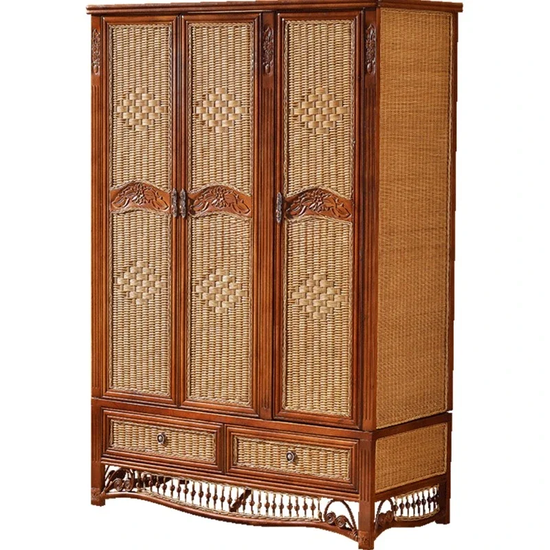 

Rattan Rattan Wardrobe Solid Wood 4-Door Wardrobe Sliding Door Distressed Wooden Wardrobe storage cabinet