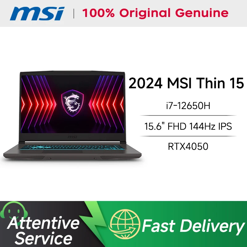 2024 MSI Thin 15 Gaming Laptop 15.6 Inch FHD 144Hz IPS Screen Alder Lake i7-12650H 16GB 512G/1TB RTX4050 Netbook Computer