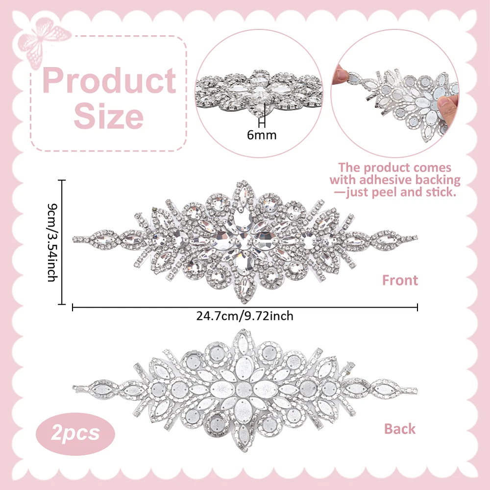 2PCS Rhinestone Applique 9.72x3.54 Inch Clear Floral Rhinestone Applique Patches with Self Adhesive Backing Patches for Dresses