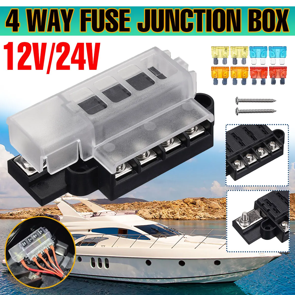 

12V-48V Universal 4 Ways Blade Fuse Block Car Boat RV Fuse Holder Box Marine Auto Fuse Connector Switch