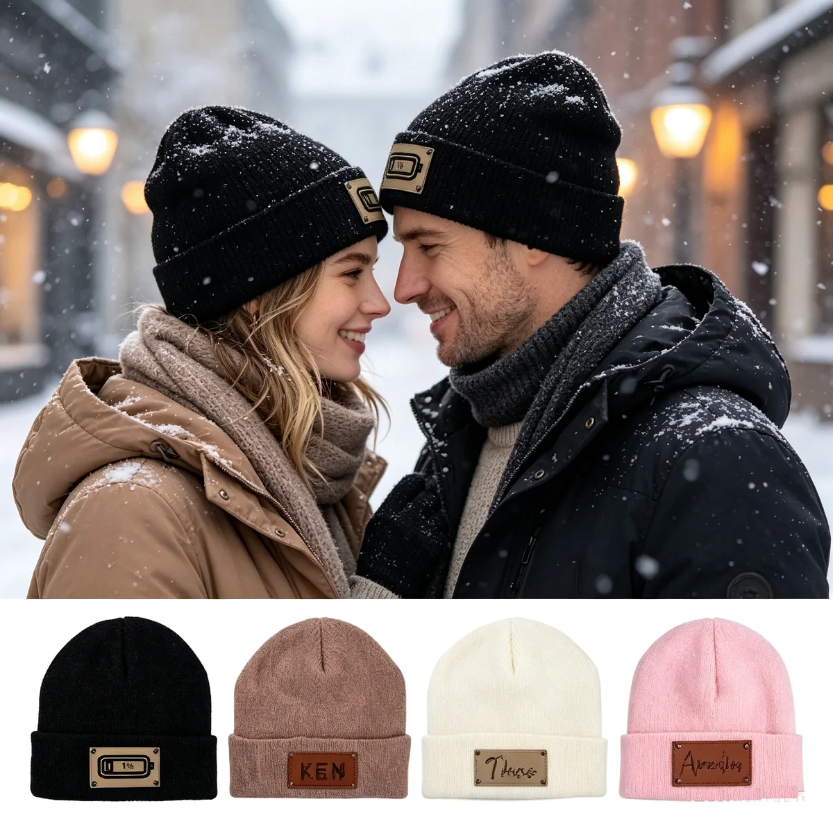 Winter Beanie Cap with Leather Patch, DIY Logo, Sign Your Name, Knitted Hat, 2-Layer, Warm, Men, Women, Boy, Girl (parent-child)