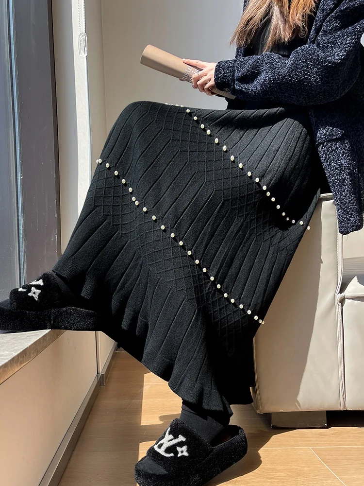 SMTHMA ソフトスティッキーデザインビーズニットスカート レディース ハイウエストスリムスカート レディース Aラインカジュアルロングスカート