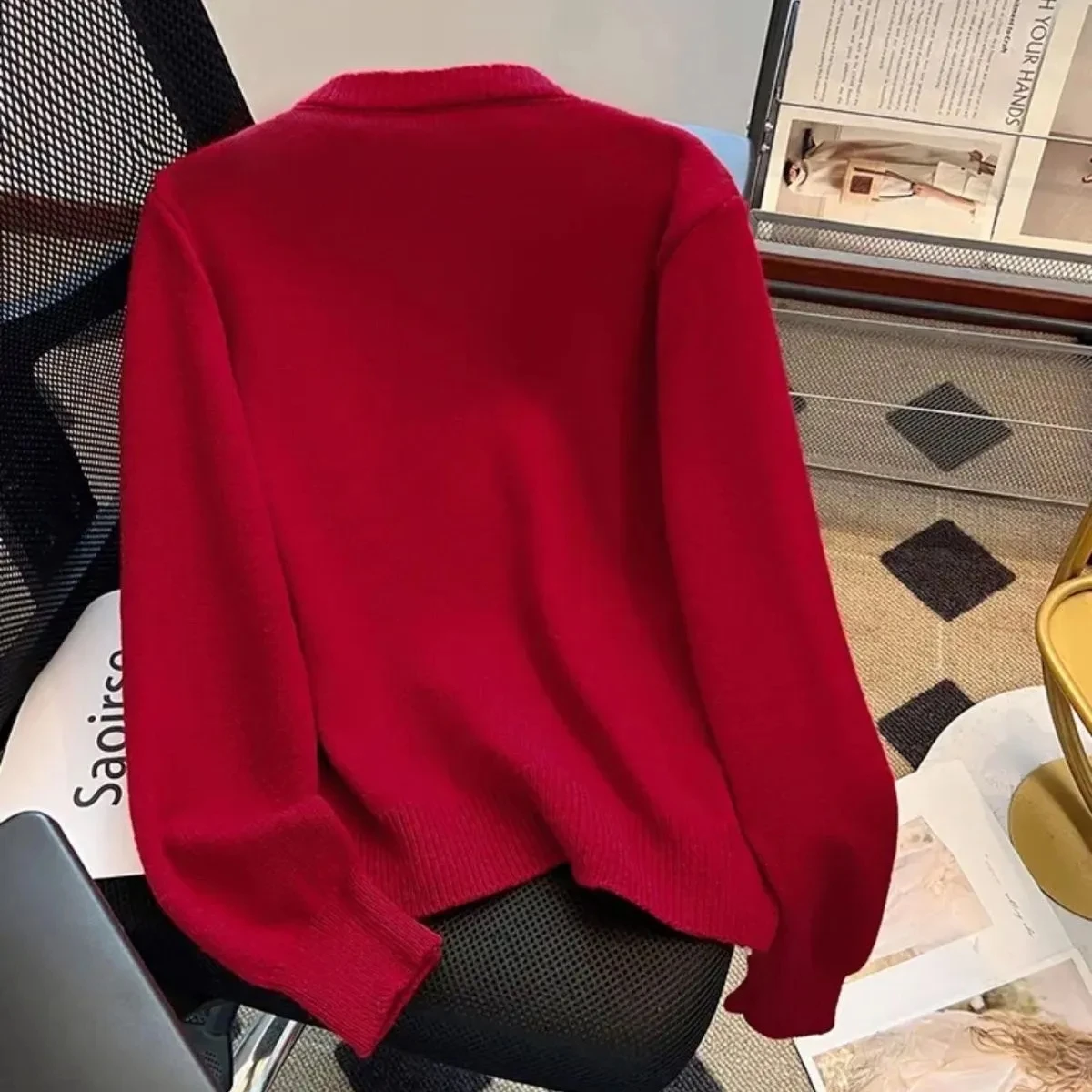 

Красный ретро-дизайн, искусственный свитер из двух предметов, кардиган, женский новый весенний вязаный свитер с бантом и вышивкой, топ