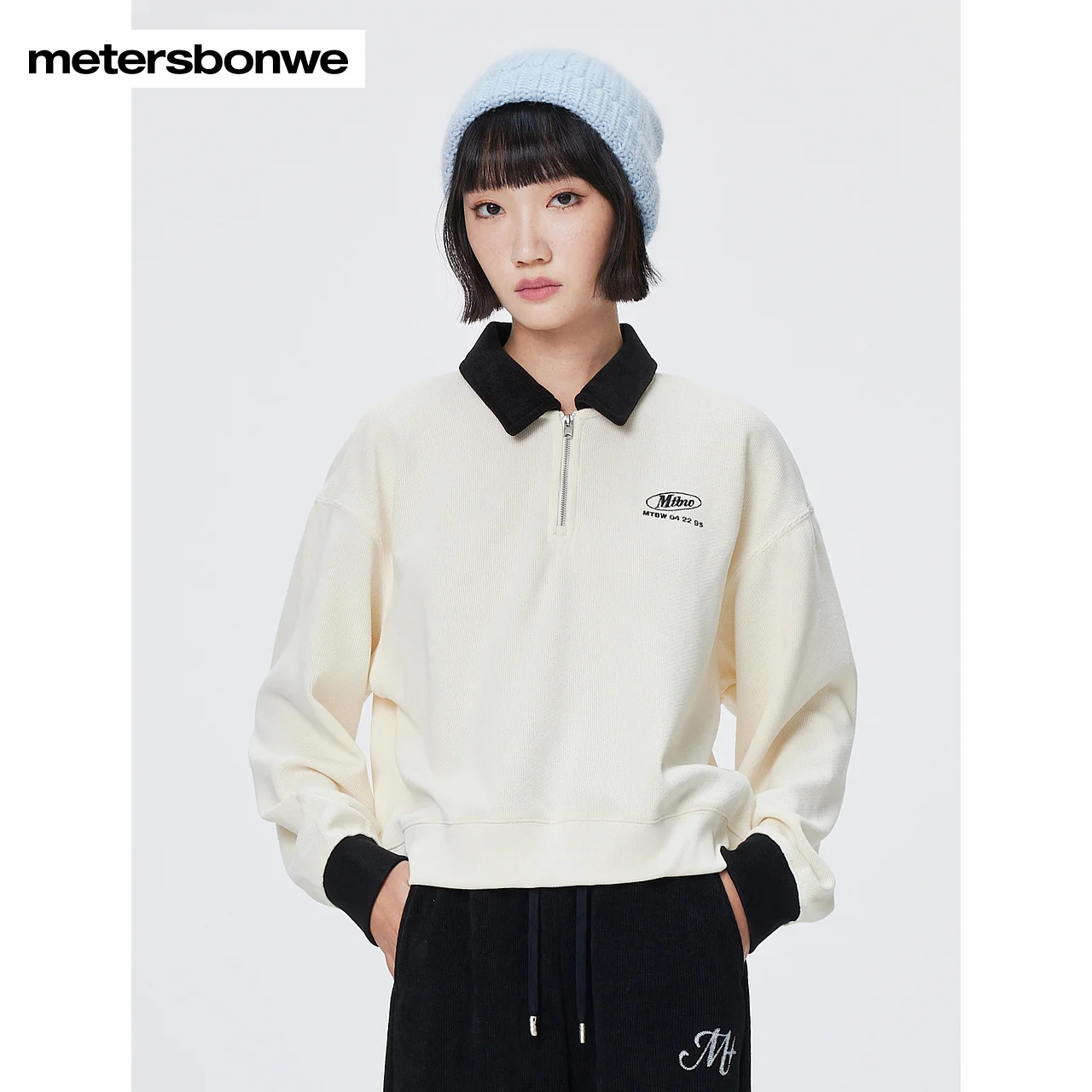 

Metersbonwe-Women's Knit Long Sleeves Polo T-Shirt Chest Embroidery Loose Campus Daily Travel Leisure Autumn and Winter