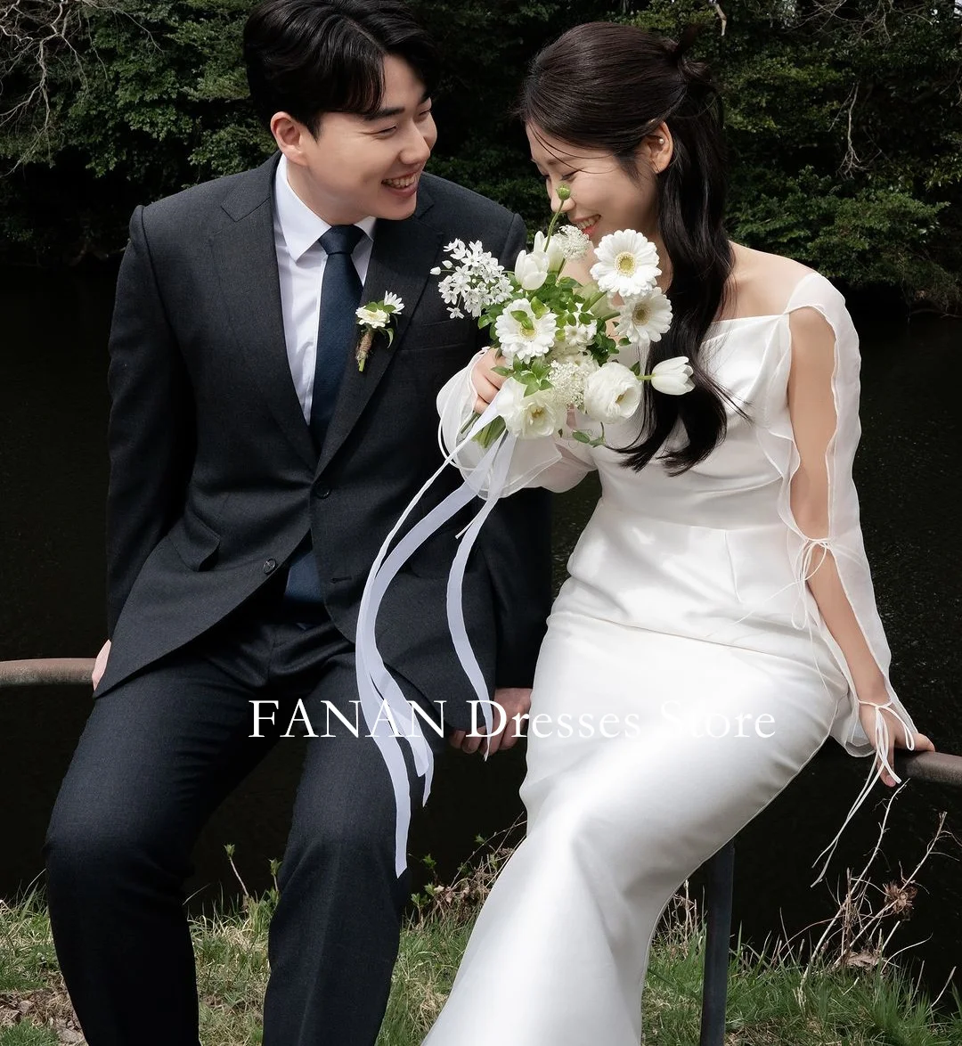 FANAN Korea One-Shoulder Wedding Dresses 웨딩드레스 Ivory Sexy A-Line Backless Satin Long Sleeves Custom Made Bride Gowns Plus Size