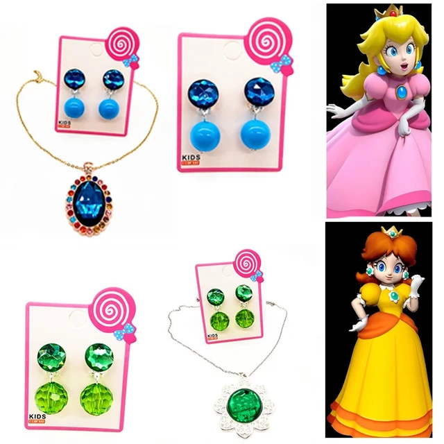 Super Mario Princess Peach Necklace Ear Clips Anime Cute Girl 