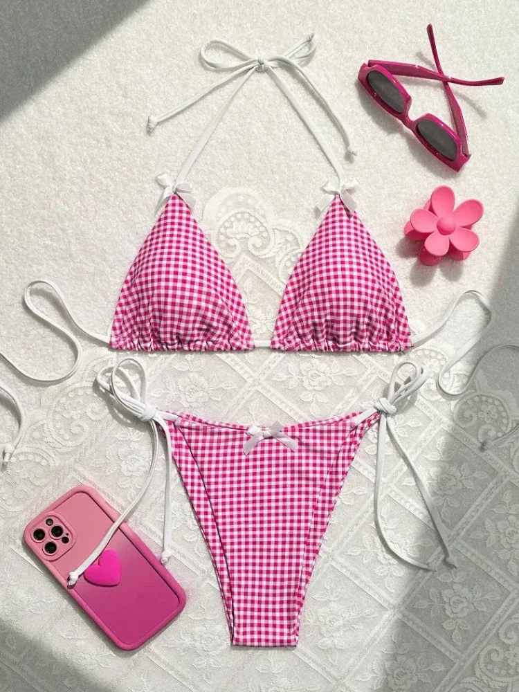 Sexy Micro Bikini 2024 Gingham Print Swimsuit Female Swimwear Women Strings Thong Bikinis Set Bather Beachwear Bathing Suit Pool