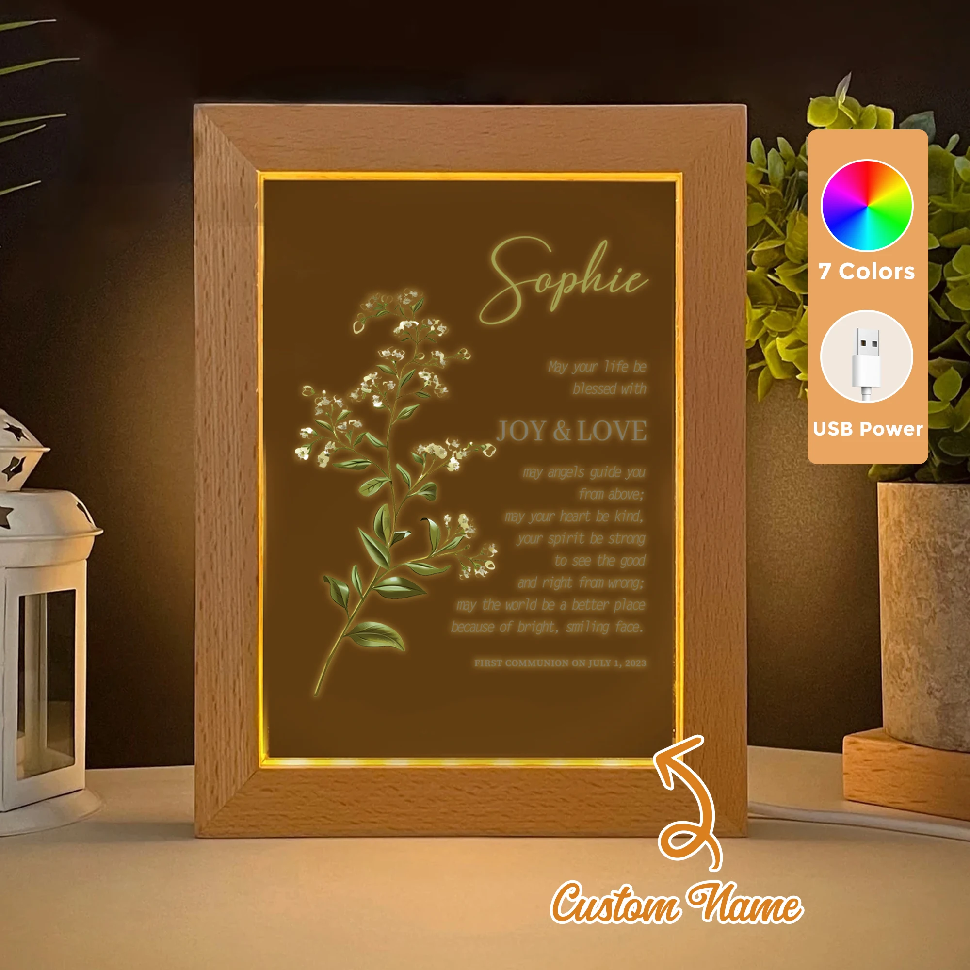 Marco de fotos de madera con luz nocturna acrílica LED, marcos de fotos de madera, 21x17cm, regalos para dormitorio familiar, decoración del hogar, nombre personalizado plano 2D