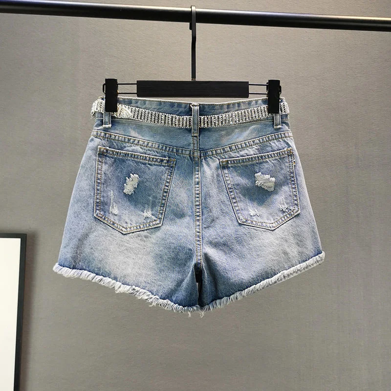 2023 New Summer Denim Shorts Diamond Beading Tassels Shiny Chic Short Empire Ripped Holes Slim Shorts Female Pant