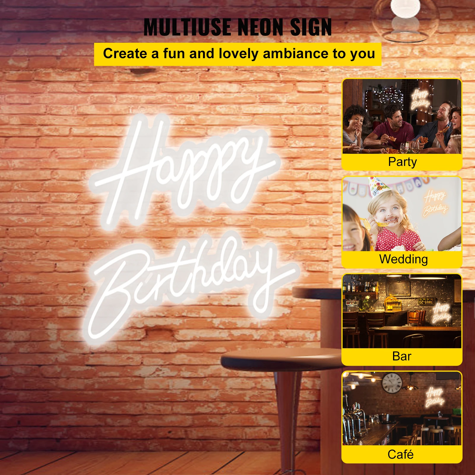VEVOR Neon Ký Ánh Sáng "Chúc Mừng Sinh Nhật" Acrylic Trong Suốt Treo Tường Trang Trí Tiệc Cưới Chiếu Sáng Biển Báo LED Neon Đèn Ngủ