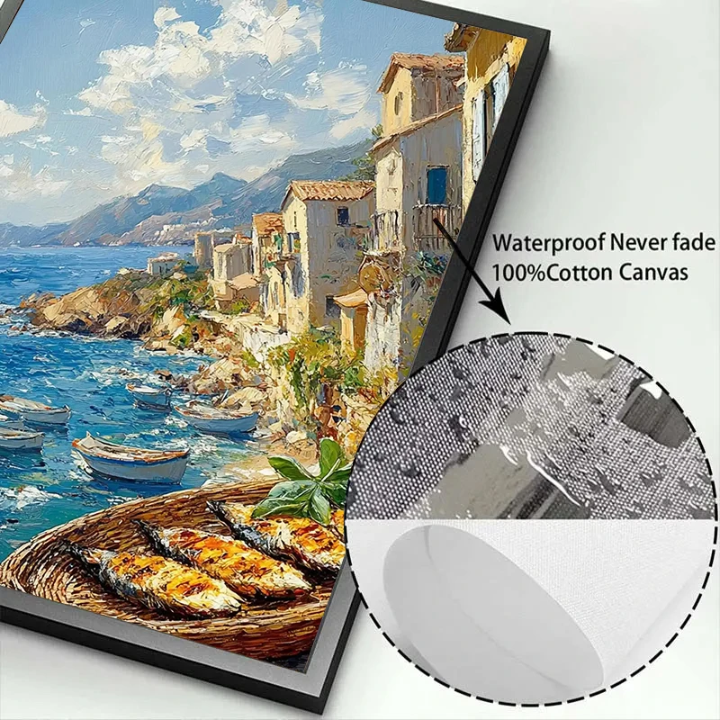 الصيد القرية الساحلية البحر الأبيض المتوسط فناء المطبخ البحر زهرة شرفة المشهد المشارك قماش النفط اللوحة الطباعة ديكور المنزل