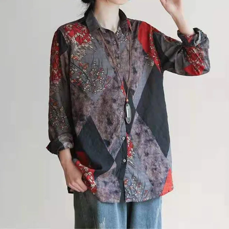 Chemise imprimée à manches longues vintage pour femmes, chemisier épissé à boutons, col polo assressenti, vêtements pour femmes, printemps, nouveau