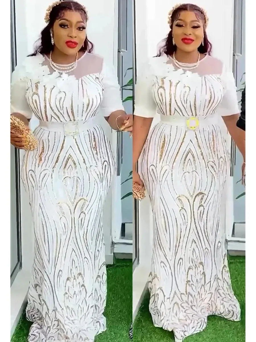 

2024 African Wedding Party Dresses for Women Elegant Short Sleeve O-neck Polyester Evening Maxi Dress Gowns African Clothes