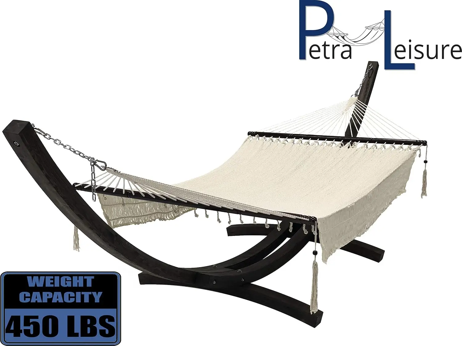 Wooden Arc Hammock Stand + Deluxe Hand Woven Bohemian Chic Rope Hammock Bed. 2 Person Bed. 450 LB Capacity(Coffee Stain/W