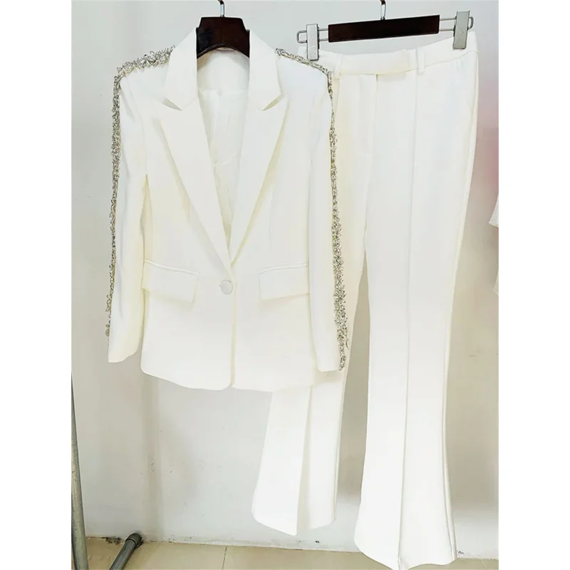 

Luxury Women Formal Pants Set Black White Diamond Crystal Slim Fit Blazer Flare Pants Suit Office Lady Business Two Pieces Sets