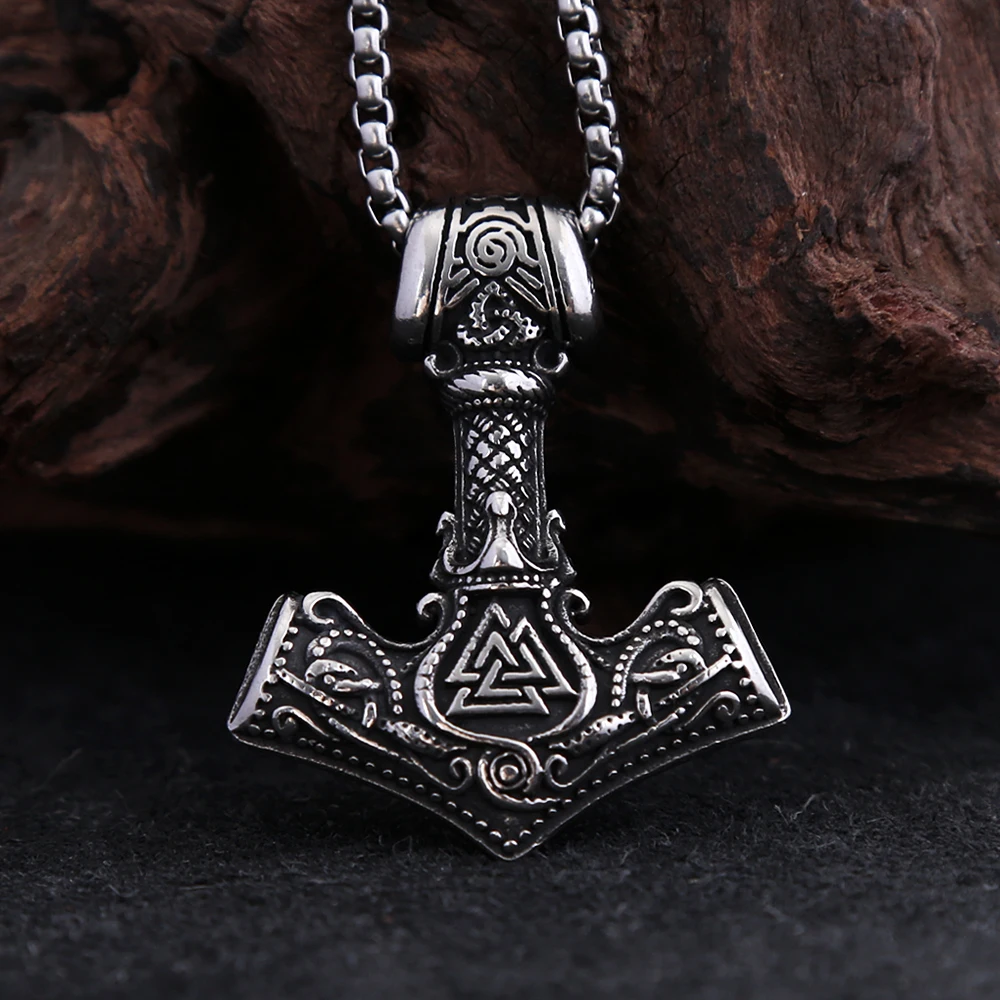 Fashion Vintage Viking Thor's Hammer Pendant Necklaces Punk Hip Hop Nordic Valknut Necklace Male  Amulet Jewelry Gifts Wholesale